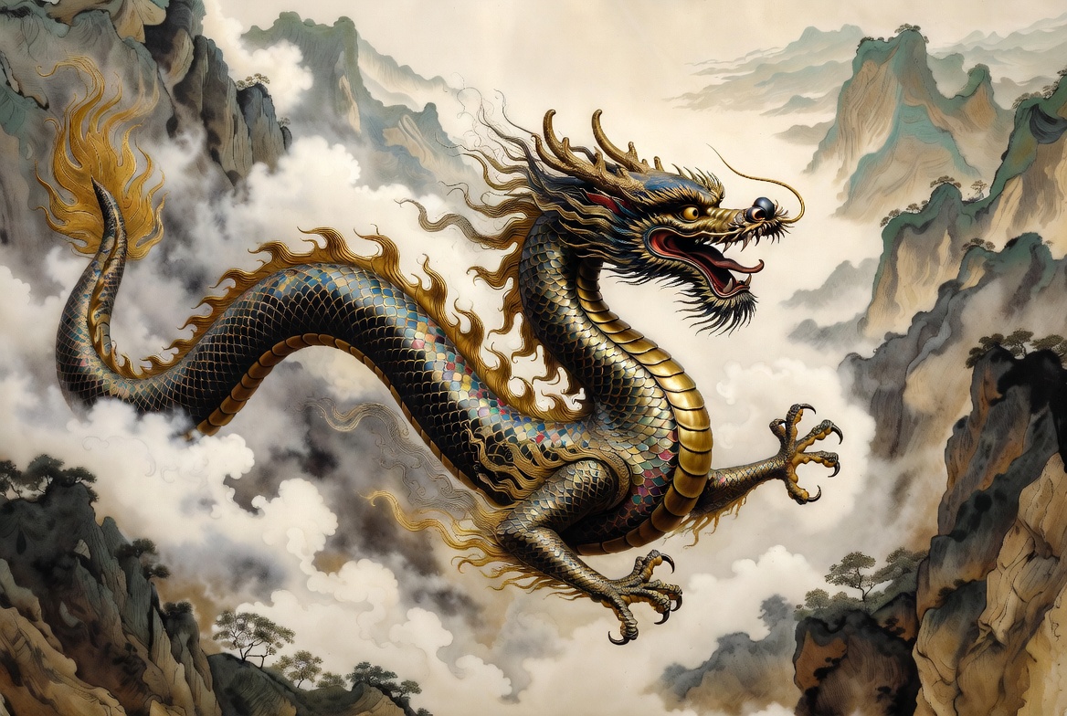 山水云雾中的生肖龙