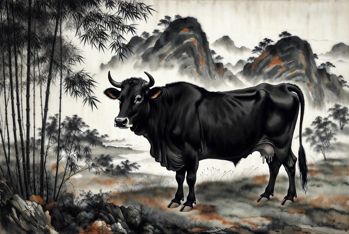 水墨山水中的生肖牛